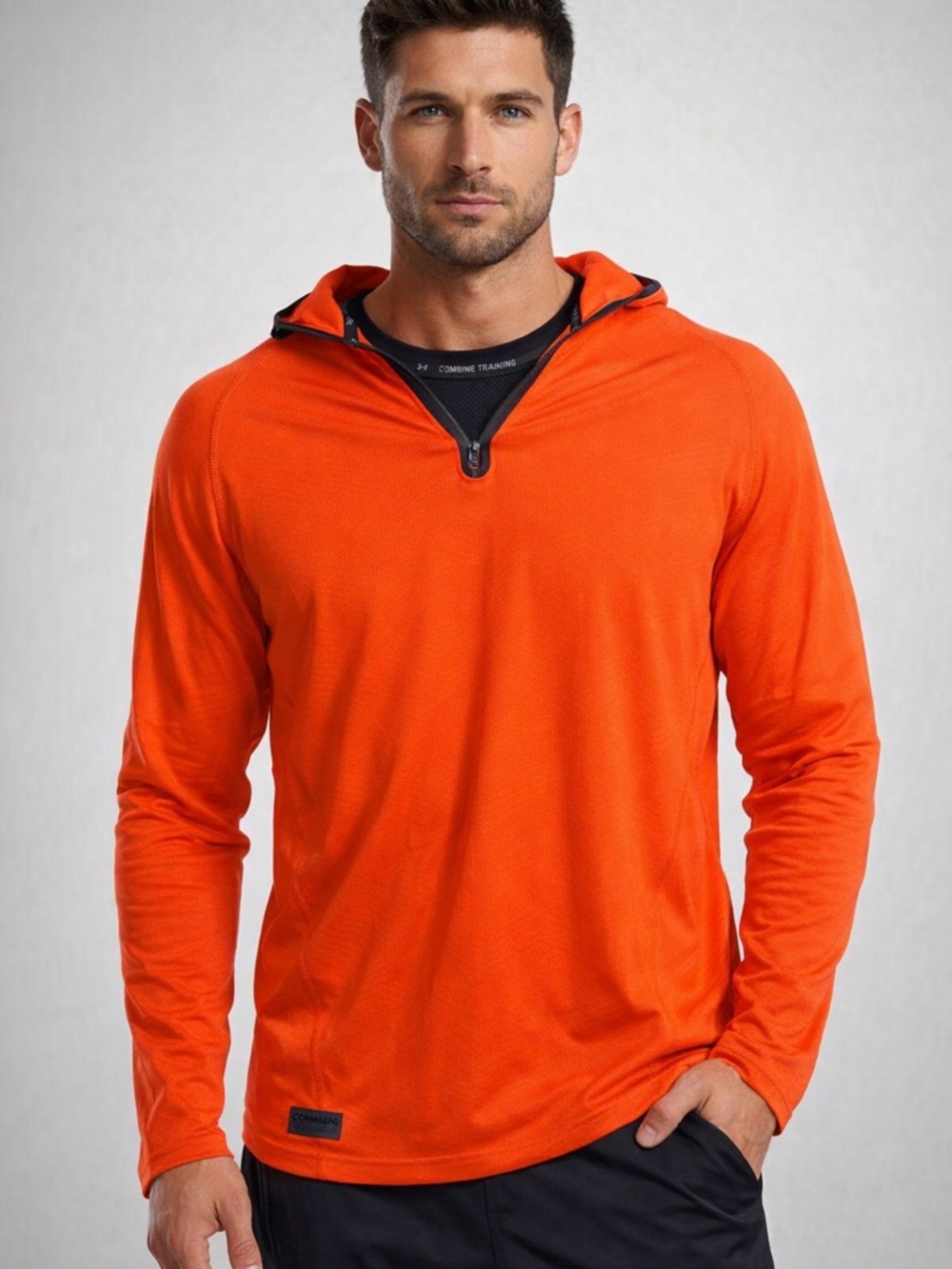 Men's Orange Quarter-Zip Hooded Performance Top